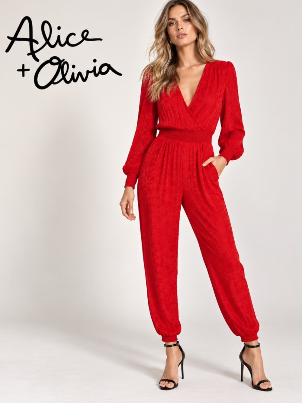 Alice + Olivia Vintage Red Satin Long Sleeve Jumpsuit Size 4